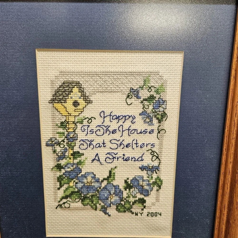 VTG 2004 Handmade Birdhouse Friendship Framed Cross Stitch Tapestry 9X11 Sampler